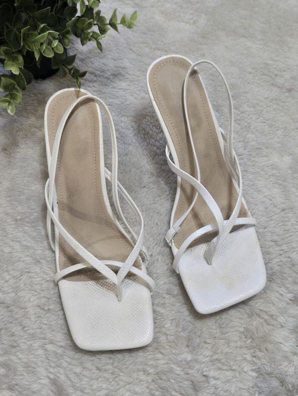 SHEIN White Snakeskin Strappy Square Toe Slingback Bridal Heels, Size 39 - 8.5